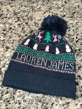 Lauren James Navy Beanie with Pink & Green Fair Isle and Pom